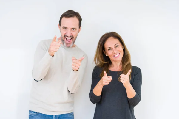 Beautiful Middle Age Couple Love Isolated Background Pointing Fingers Camera — Stock Photo, Image