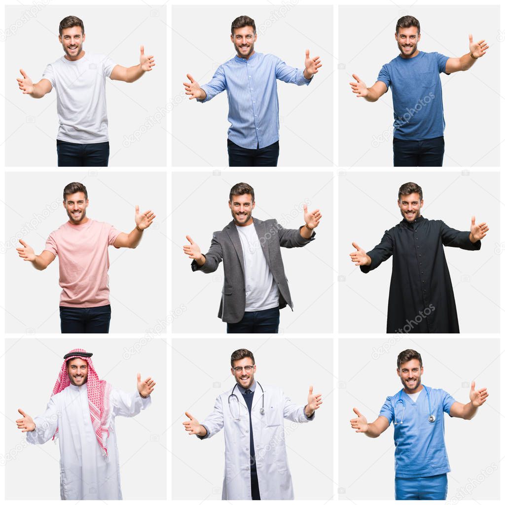 Collage of young doctor arab business man isolated background looking at the camera smiling with open arms for hug. Cheerful expression embracing happiness.