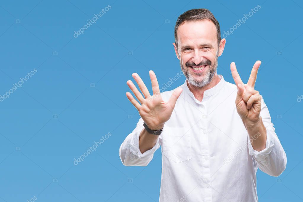 Middle age hoary senior man over isolated background showing and pointing up with fingers number seven while smiling confident and happy.