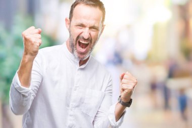 Gülümseyen ve başarı için çığlık orta yaş ağarmış üst düzey adam izole arka plan çok mutlu ve heyecanlı kaldırdı, silah ile kazanan jest yapıyor. Kutlama kavramı.