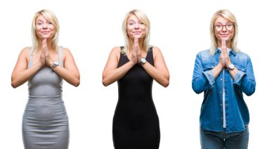 Collage of beautiful blonde woman over isolated background praying with hands together asking for forgiveness smiling confident. clipart