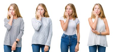 Kolaj stresli ve gergin ile beyaz izole arka plan üzerinde güzel sarışın kadının tırnak ısırma dudaklarından eller. Anksiyete sorunu.