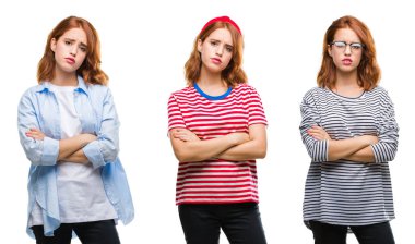 Kolaj izole arka plan şüpheci ve sinir, onaylamayan ifade yüz çapraz kolları olan genç güzel kızıl saçlı kadın. Negatif kişi.