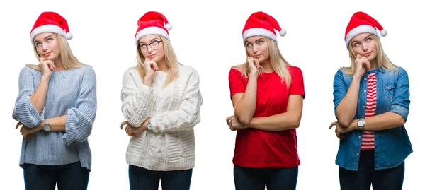 Colagem Jovem Bela Mulher Loira Vestindo Chapéu Natal Sobre Branco — Fotografia de Stock