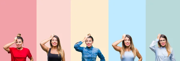 Collage Mujer Hermosa Joven Sobre Rayas Colores Fondo Aislado Confundir —  Fotos de Stock