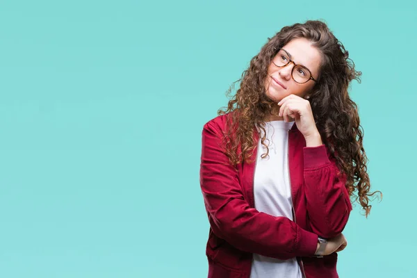 Jong Meisje Mooie Brunette Krullend Haar Jas Bril Dragen Geïsoleerd — Stockfoto