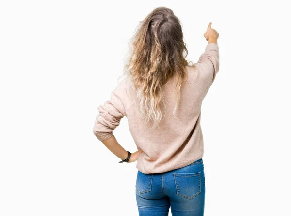 Mooie Jonge Blonde Vrouw Dragen Sweatershirt Geïsoleerd Background Posing Achteruit — Stockfoto