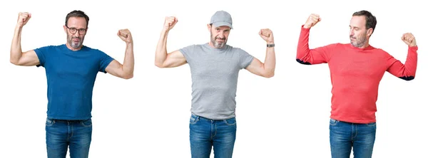 Collage Handsome Senior Man White Isolated Background Showing Arms Muscles — Stock Photo, Image