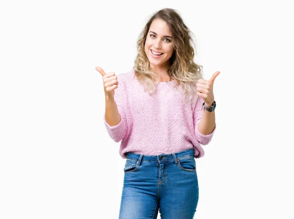 Schöne Junge Blonde Frau Über Isolierten Hintergrund Erfolgszeichen Tun Positive — Stockfoto