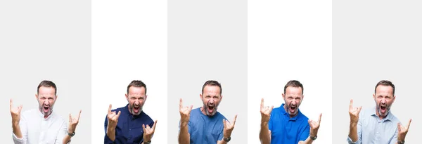 Collage Middle Age Senior Hoary Man Isolated Background Shouting Crazy — Stock Photo, Image