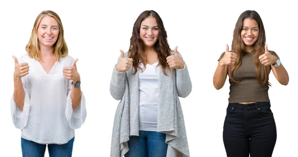 Colagem Grupo Três Jovens Mulheres Bonitas Sobre Branco Isolado Sinal — Fotografia de Stock