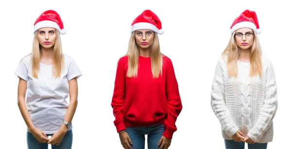 Collage Unga Vackra Blonda Kvinnan Bär Jul Hatt Över Isolerade — Stockfoto