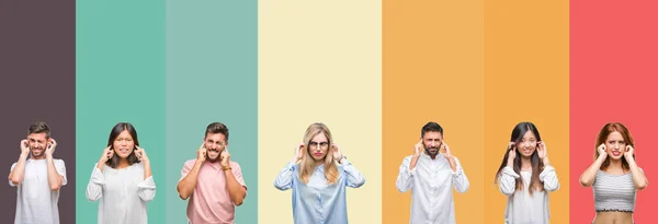 Collage Diferentes Etnias Jóvenes Sobre Rayas Coloridas Fondo Aislado Cubriendo — Foto de Stock