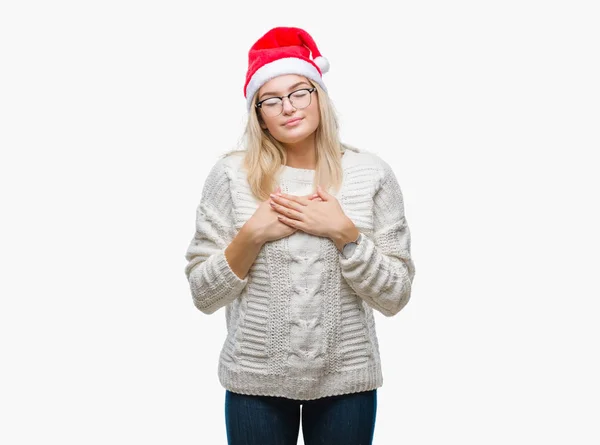 Mujer Caucásica Joven Con Sombrero Navidad Sobre Fondo Aislado Sonriendo — Foto de Stock