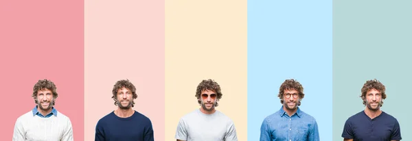 Collage Young Casual Man Colorful Stripes Isolated Background Happy Cool — Stock Photo, Image