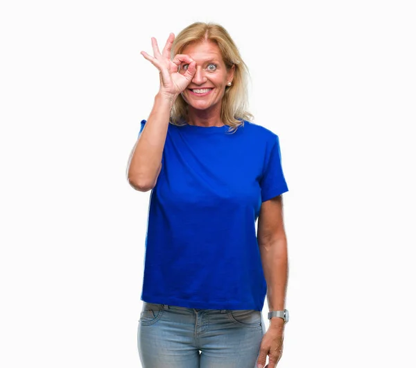 Medioevo Donna Bionda Sfondo Isolato Facendo Gesto Con Mano Sorridente — Foto Stock