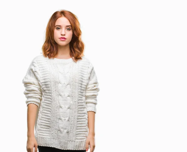 Mujer Hermosa Joven Sobre Fondo Aislado Usando Suéter Invierno Con — Foto de Stock