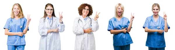 一群专业医生的女性在白色的孤立背景上微笑着 幸福的脸对着相机眨眼做胜利的标志 — 图库照片