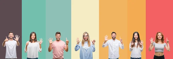 Collage Different Ethnics Young People Colorful Stripes Isolated Background Showing — Stock Photo, Image