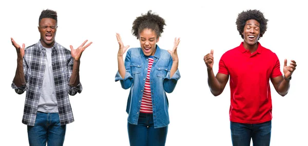 群体非洲裔美国人的拼贴非洲头发在孤立的背景庆祝疯狂和疯狂的成功与手臂抬起和闭上眼睛尖叫兴奋 优胜者概念 — 图库照片