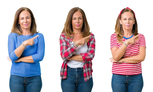 Collage Van Mooie Middelbare Leeftijd Vrouw Geïsoleerde Achtergrond Met Hand — Stockfoto