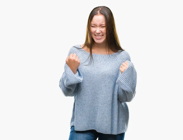 Young Beautiful Caucasian Woman Wearing Winter Sweater Isolated Background Very — Stock Photo, Image
