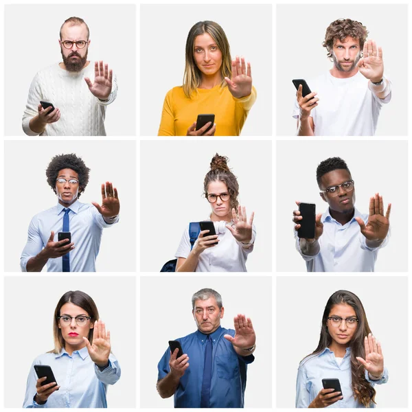 Collage Group People Using Smartphone Isolated Background Open Hand Doing — Stock Photo, Image