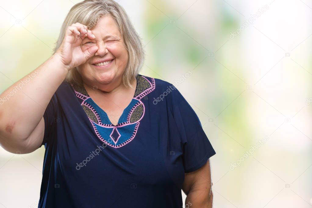 Senior plus size caucasian woman over isolated background doing ok gesture with hand smiling, eye looking through fingers with happy face.