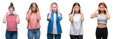 Kolaj üzerinde kadınların genç güzel grop izole arka plan baş baş ağrısı için el ile çünkü stres. Migren muzdarip.