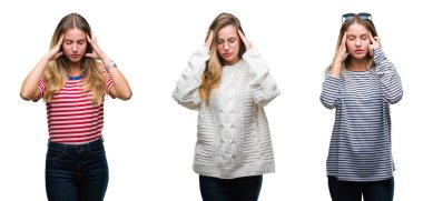 Genç güzel sarışın kadın kolaj izole arka plan baş baş ağrısı için el ile çünkü stres. Migren muzdarip.