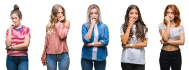 Stresli ve gergin ile izole arka plan üzerinde kadınların genç güzel grop kolaj tırnak ısırma dudaklarından eller. Anksiyete sorunu.