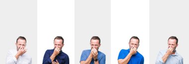 Orta yaş üst düzey ağarmış adam bir şey pis ve iğrenç kokulu izole arka plan, dayanılmaz koku, holding nefes burun parmaklar ile kolaj. Kötü kokuyor kavramı.