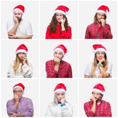 Collage of group of people wearing chrismast hat over isolated background looking stressed and nervous with hands on mouth biting nails. Anxiety problem. clipart