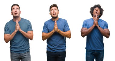 Latin ve Afro-Amerikan erkekler yalvarıyor ve umut ifade yüzünde çok duygusal ve endişe ile birlikte elleriyle dua izole arka plan üzerinde Grup kolaj. Bağışlanmak. Din kavramı.