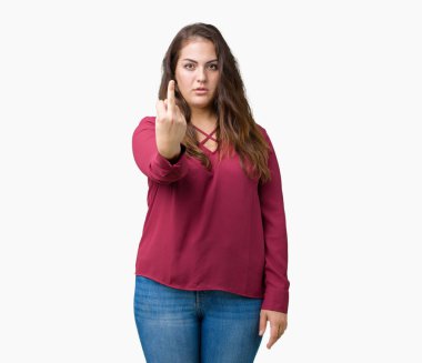 Güzel izole arka plan gösteren orta parmak boyutu genç kadın, kaba ve kaba lanet ifade kapalı artı