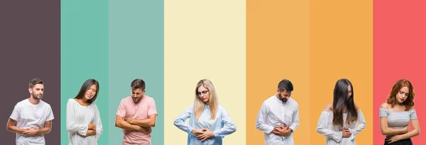 Collage Diferentes Etnias Jóvenes Sobre Rayas Colores Aislados Fondo Con — Foto de Stock