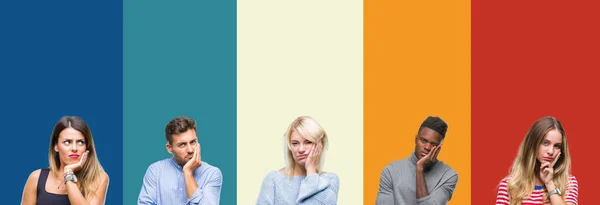 Collage Group Young People Colorful Vintage Isolated Background Thinking Looking — Stock Photo, Image