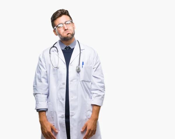 Young Handsome Doctor Man Isolated Background Puffing Cheeks Funny Face — Stock Photo, Image