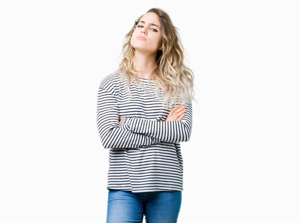 Bella Giovane Donna Bionda Che Indossa Maglione Righe Sfondo Isolato — Foto Stock