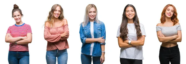 Колаж Молодих Красивих Жінок Ізольованому Фоні Щасливе Обличчя Посміхаючись Схрещеними — стокове фото