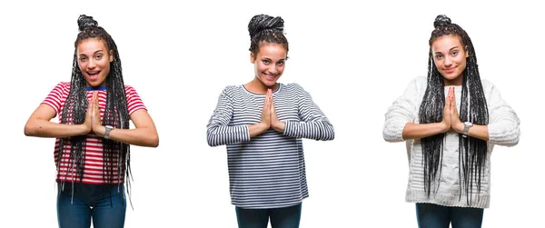 拼贴美丽的辫子头发非洲美国妇女在孤立的背景祈祷与手在一起请求原谅微笑自信 — 图库照片