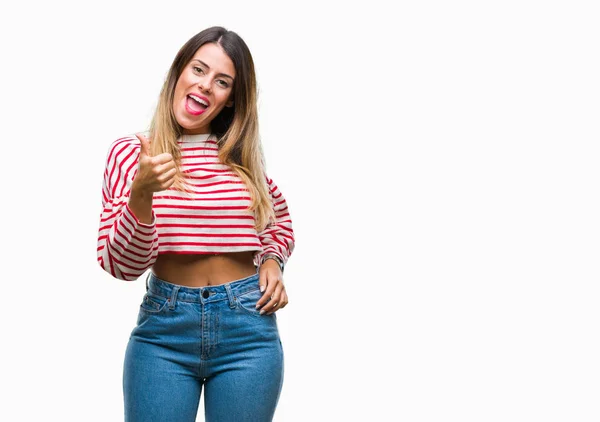 Joven Hermosa Mujer Rayas Informales Suéter Invierno Sobre Fondo Aislado — Foto de Stock