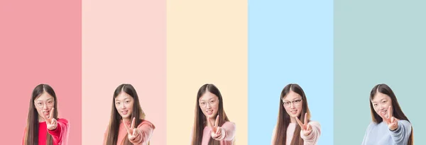 Koláž Krásné Asijské Ženy Barevné Pruhy Izolované Pozadí Usmívající Dívá — Stock fotografie