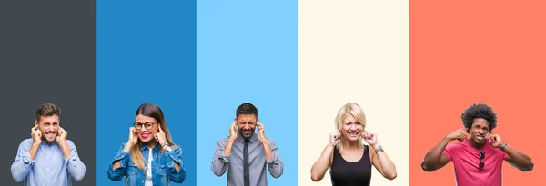 Collage Grupp Ungdomar Över Färgglada Vintage Isolerade Bakgrund Som Täcker — Stockfoto