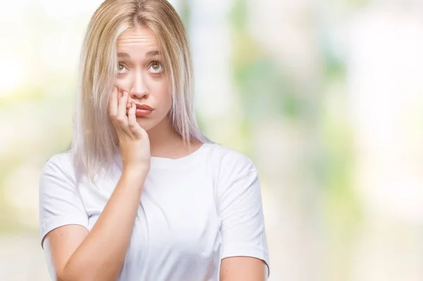 Young Blonde Woman Isolated Background Looking Stressed Nervous Hands Mouth — Stock Photo, Image