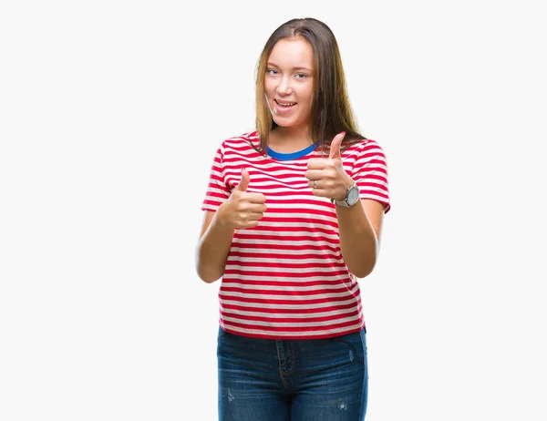 Joven Mujer Hermosa Caucásica Sobre Fondo Aislado Haciendo Pulgares Felices — Foto de Stock