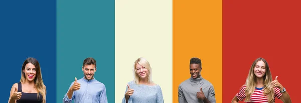 Коллаж Группы Молодых Людей Цветном Винтажном Изолированном Фоне Делает Счастливый — стоковое фото
