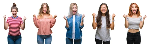 Collage Young Beautiful Grop Women Isolated Background Celebrating Surprised Amazed — Stock Photo, Image