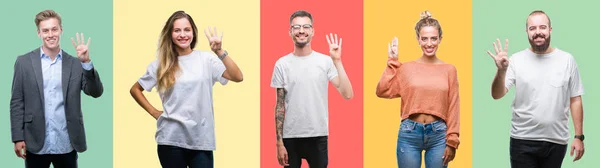 Colagem Pessoas Grupo Mulheres Homens Sobre Fundo Isolado Colorido Mostrando — Fotografia de Stock