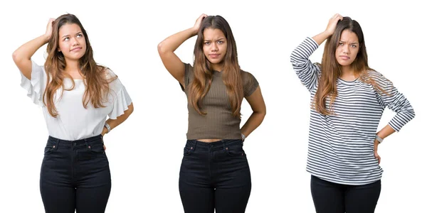 Collage Hermosa Mujer Joven Sobre Fondo Aislado Confundir Preguntarse Acerca —  Fotos de Stock